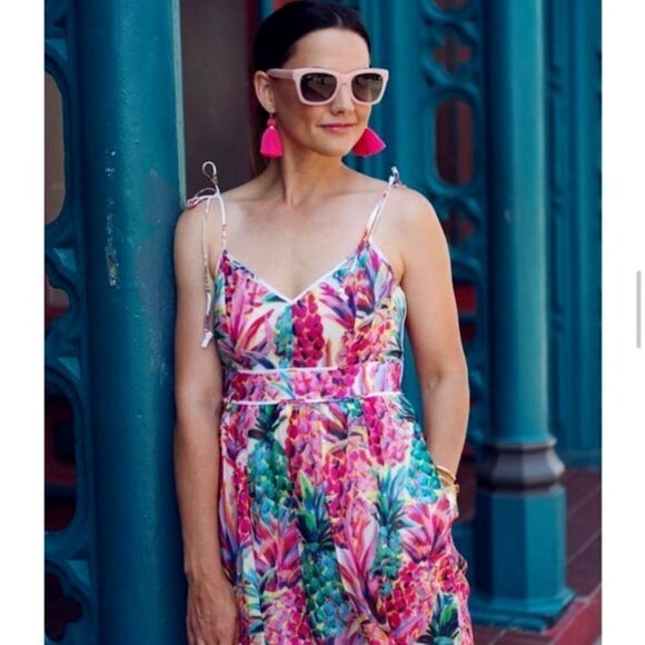 J.CREW Ratti Multicolor Painted Pineapple Summer Spaghetti Strap Midi Dress - Picture 12 of 16